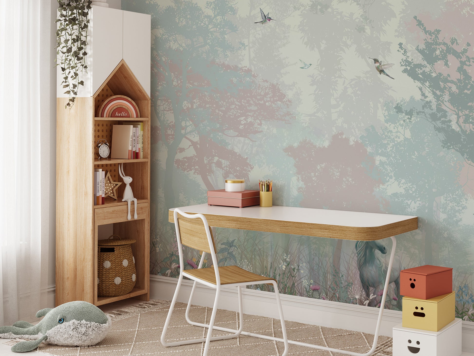 Removable self adhesive Fairy Forest Kids Wallpaper in a study room with a wooden desk for a calm creative space.