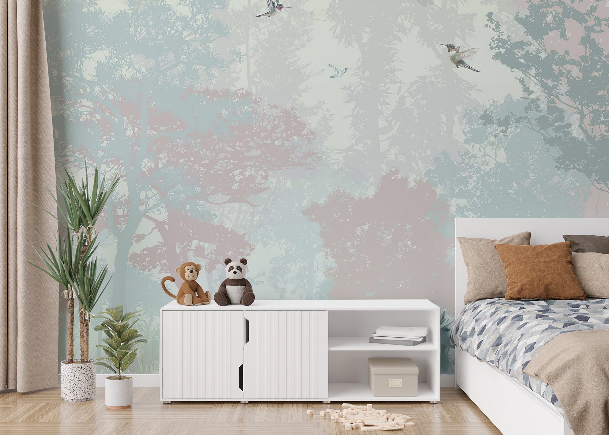 High-quality premium canvas fairy forest mural in a kids bedroom with a white console for a luxury forest feel.