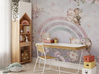 Cute girls with unicorns and rainbow forest wallpaper design.