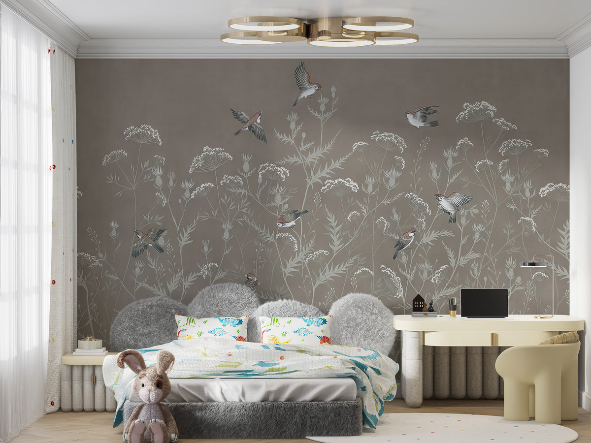 Meadow Melody wallpaper mural with white wildflowers and sparrows on taupe in a kids bedroom with a fluffy grey headboard