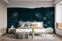 Midnight Botanical wallpaper mural of dark teal botanicals behind an upholstered bed with green and rust pillows