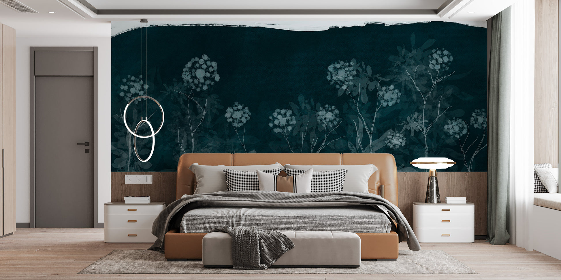 Midnight Botanical wallpaper mural in dark teal with pale flowers behind a tan leather bed in a modern bedroom