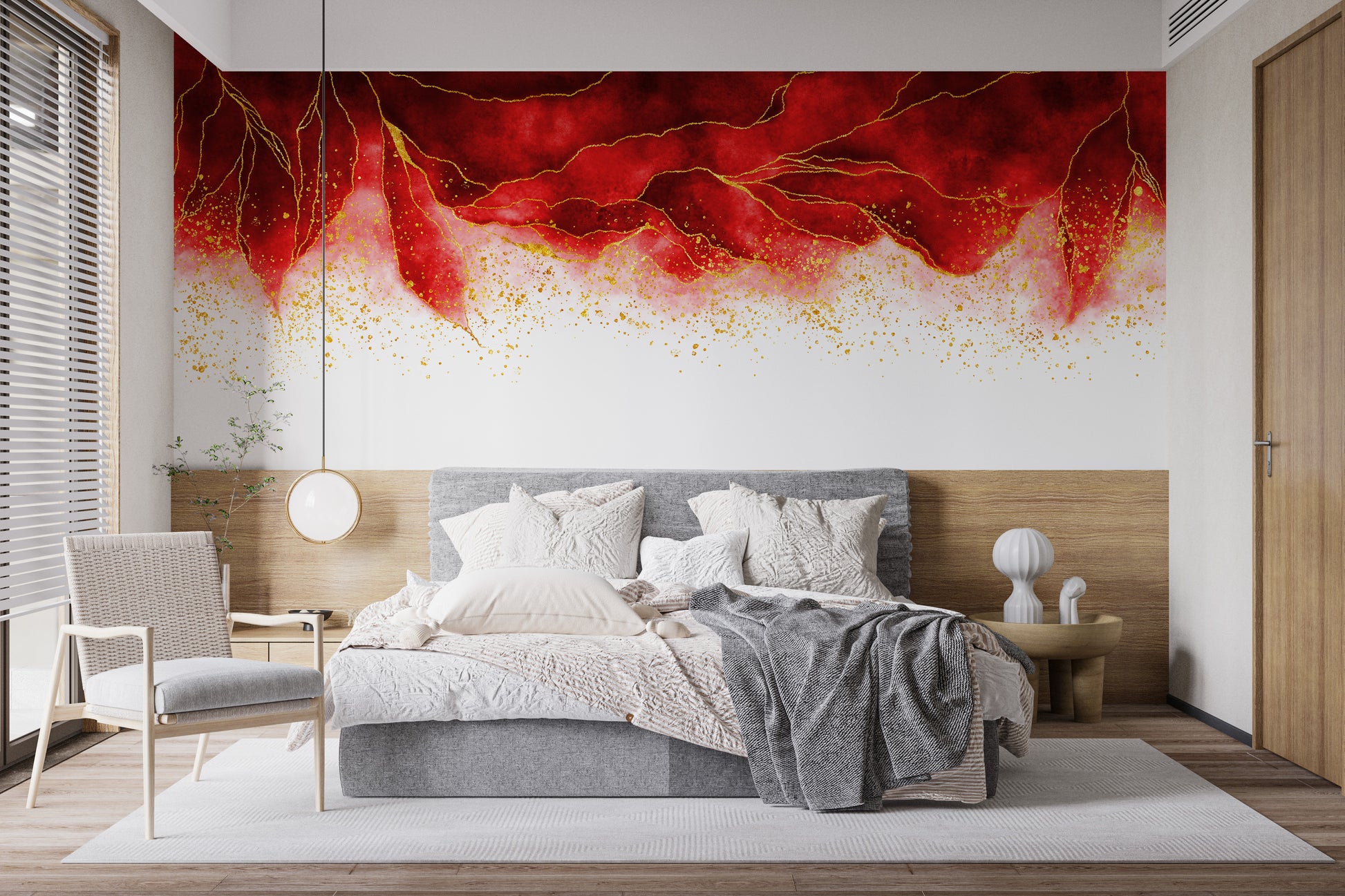 Watercolor Hanging Red Spilled & Brushed wallpaper mural styled along a hallway feature wall near a console in red tones