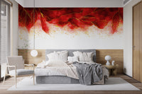 Watercolor Hanging Red Spilled & Brushed wallpaper mural styled along a hallway feature wall near a console in red tones