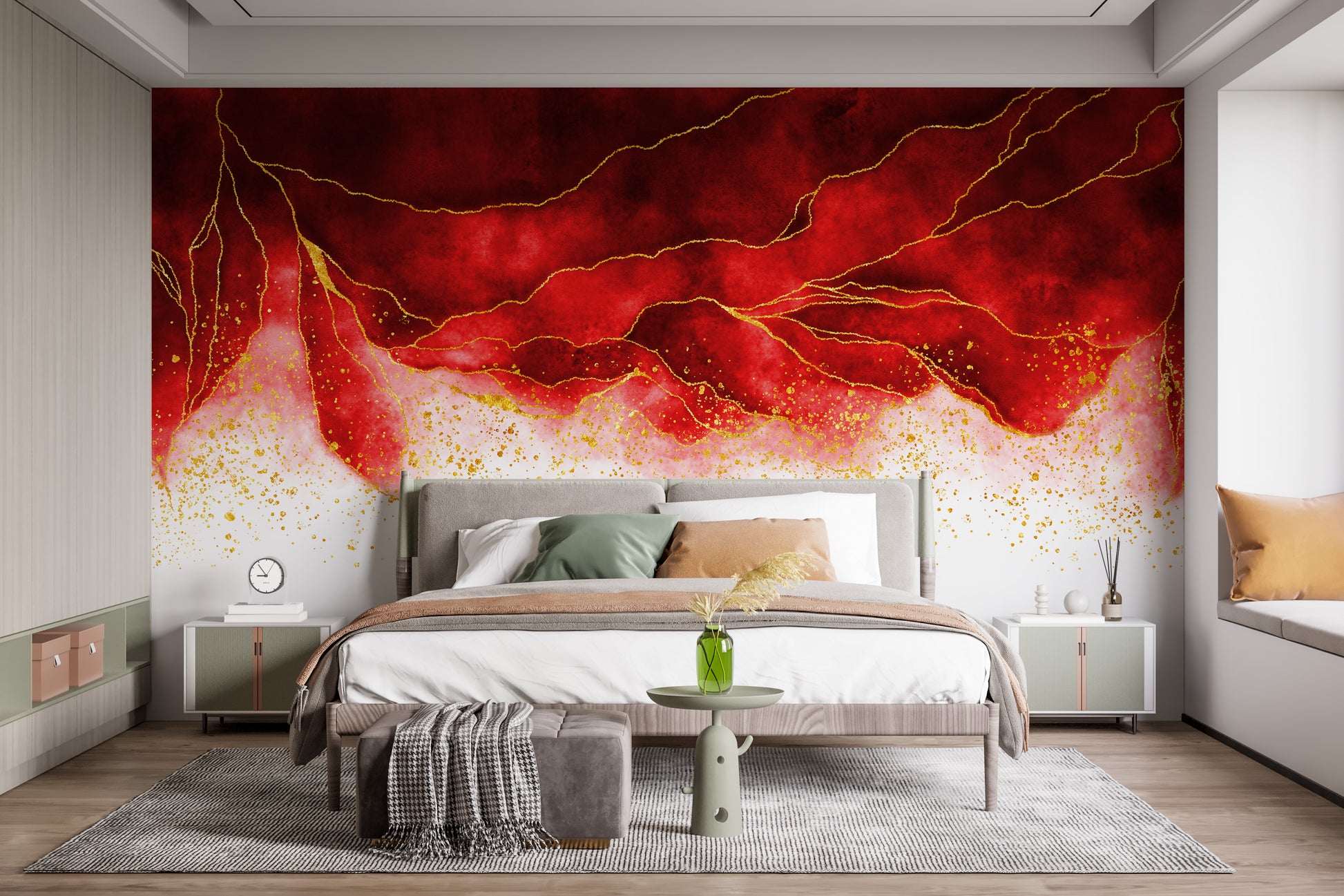 Watercolor Hanging Red Spilled & Brushed wallpaper mural as a feature wall in a home office workspace in red tones