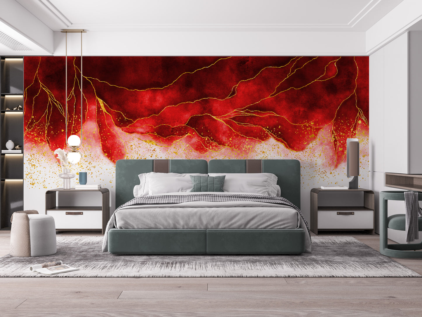 Watercolor Hanging Red Spilled & Brushed wallpaper mural styled as a feature wall behind a dining table and chairs
