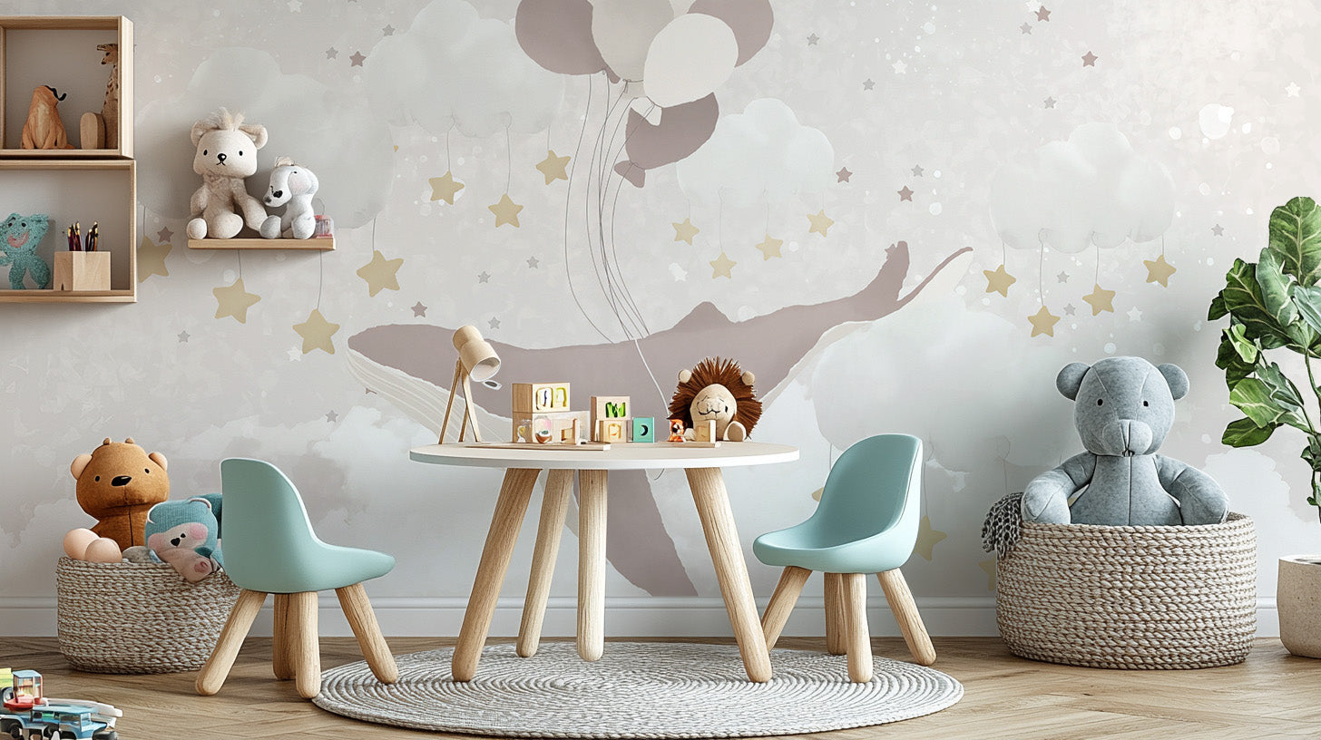 Whale Sky Parade nursery wallpaper mural in a playroom with mint kids table, chairs and woven toy baskets
