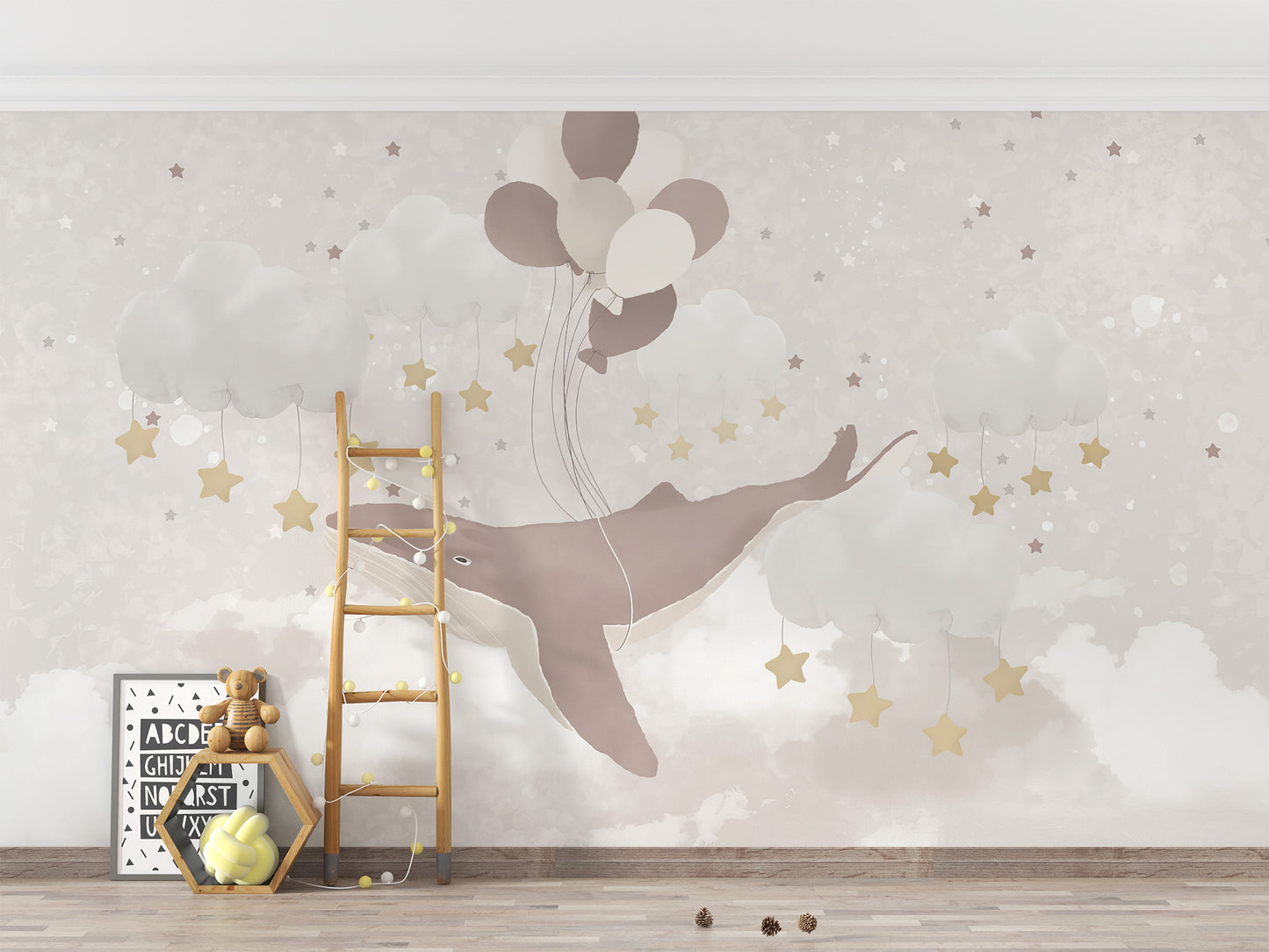 Whale Sky Parade wallpaper mural of a whale on balloons among clouds and stars beside a wooden ladder shelf
