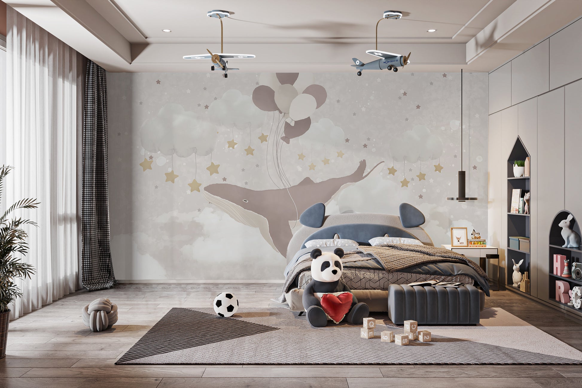 Whale Sky Parade nursery wallpaper mural in a kids bedroom with navy headboard bed and airplane ceiling lights