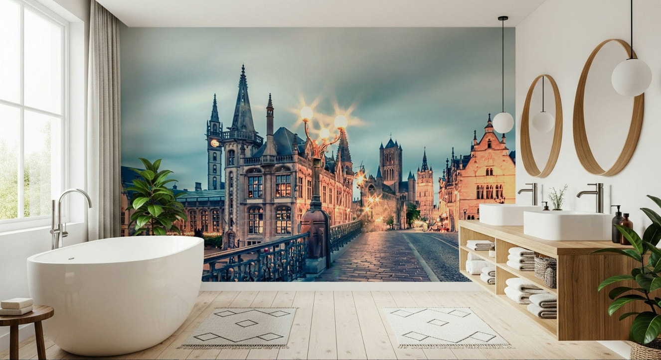 Ghent twilight glow wall mural with soft purple sky and warm streetlights, Belgium city art print