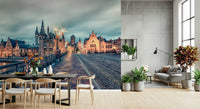 Ghent skyline at twilight wall mural, warm tones with quiet streetscape, Belgium wall wallpaper