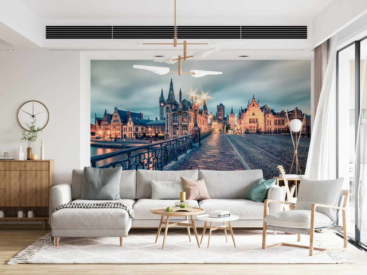 Twilight glow Ghent wall mural featuring cobblestone street and golden windows, European city wallpaper