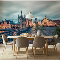 Ghent canal twilight wall mural with reflections on water, Belgium travel-inspired wallpaper mural