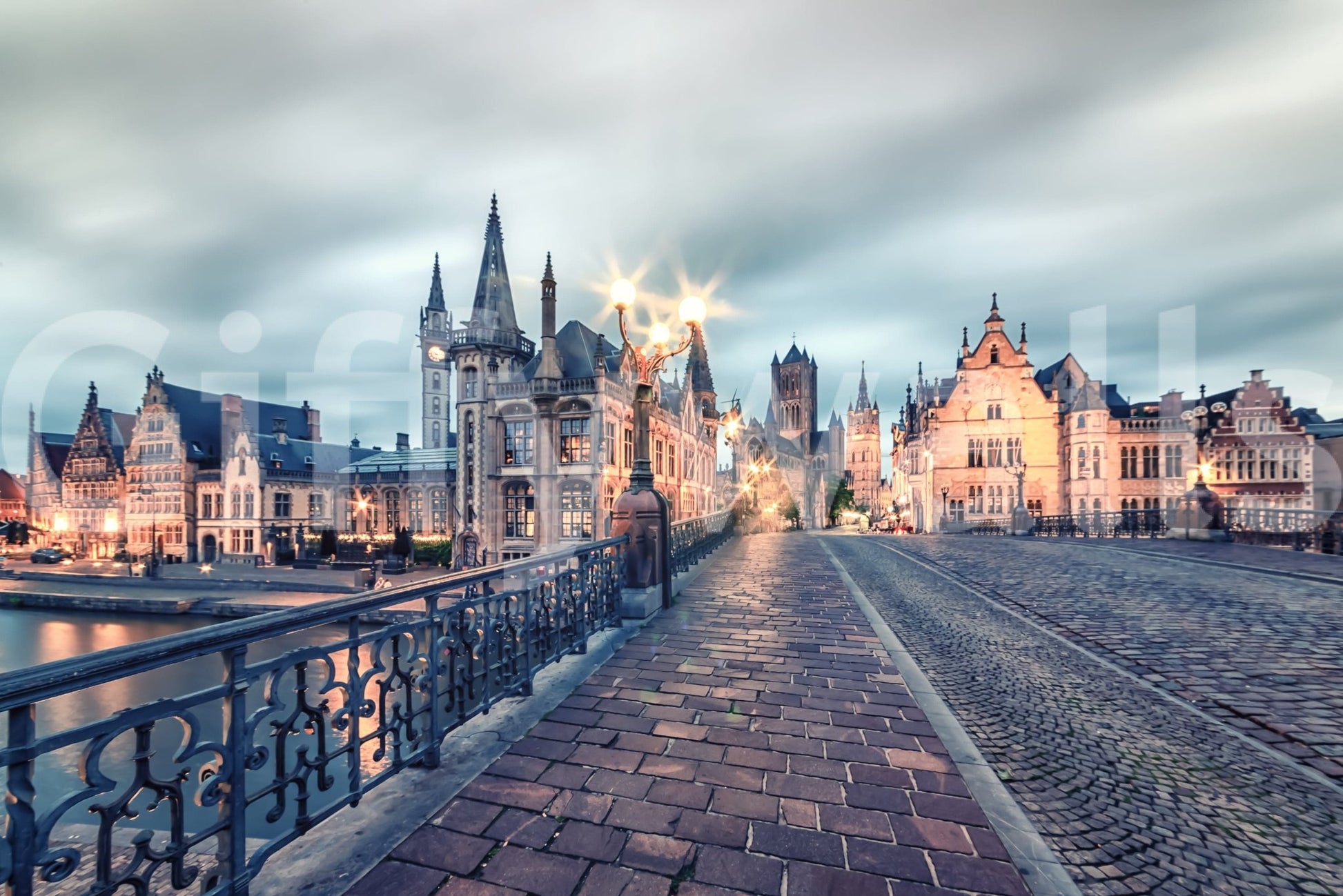 Ghent evening glow wall mural, Belgian city streetscape under violet sky, peel and stick wallpaper