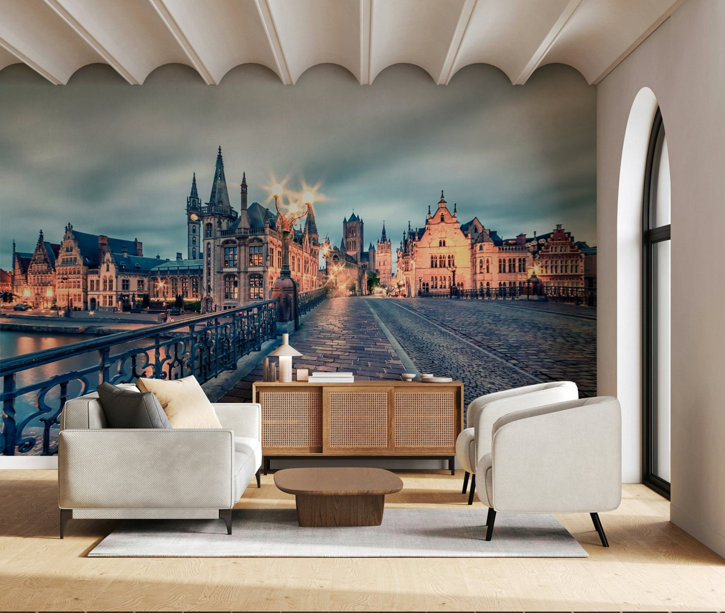 Wall mural of Ghent at dusk with gentle glow, Belgian architecture scene, large format wallpaper