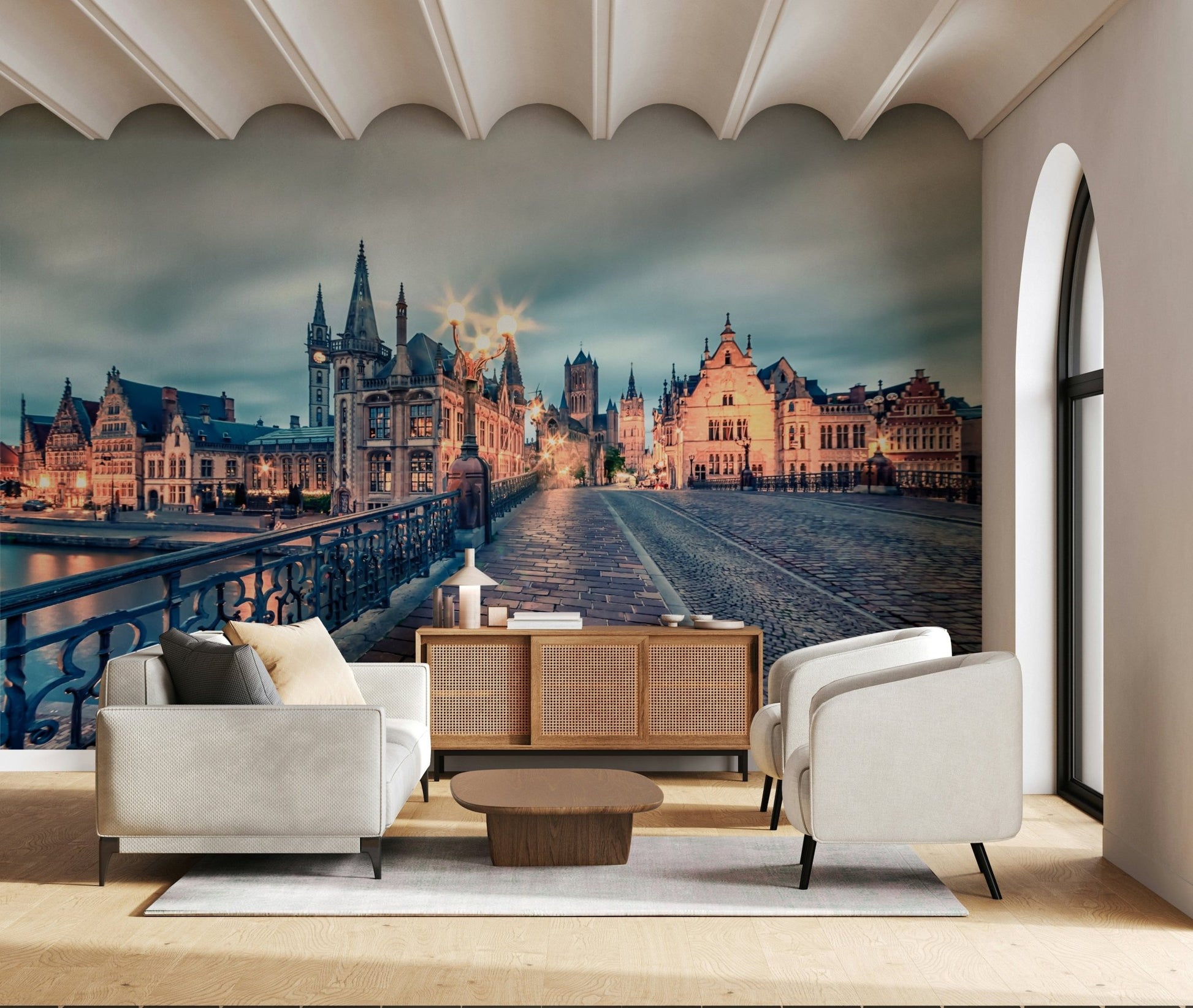 Wall mural of Ghent at dusk with gentle glow, Belgian architecture scene, large format wallpaper
