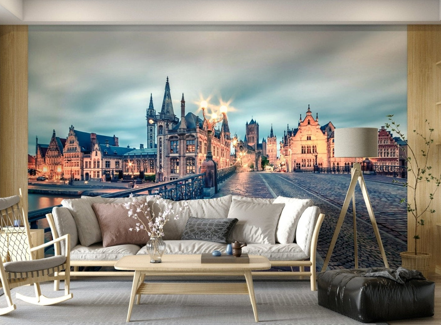 Ghent canal twilight wall mural with reflections on water, Belgium travel-inspired wallpaper mural