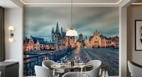 Ghent cityscape wall mural at dusk, pastel sky over historic rooftops, Belgium mural wallpaper