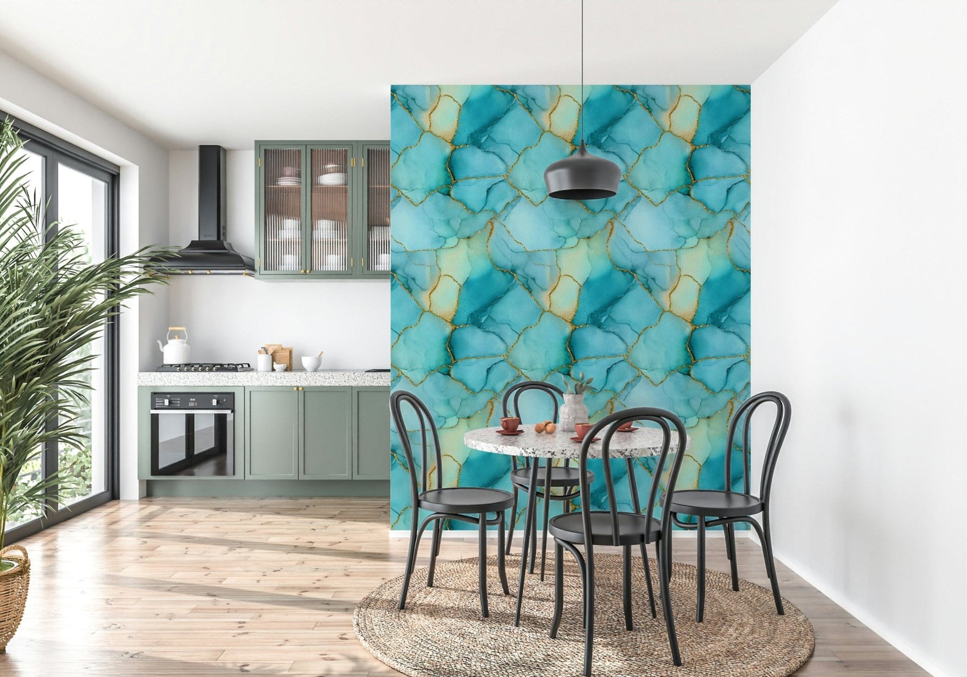 Aqua Marble Luxury Wallpaper – Polished stone-inspired pattern with glimmering gold accents for a refined, tranquil aesthetic.