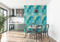 Aqua Marble Luxury Wallpaper – Polished stone-inspired pattern with glimmering gold accents for a refined, tranquil aesthetic.