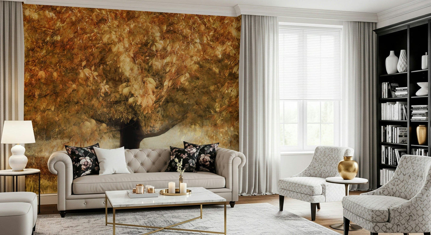 A beautiful modern art wall mural of gilded leaves.