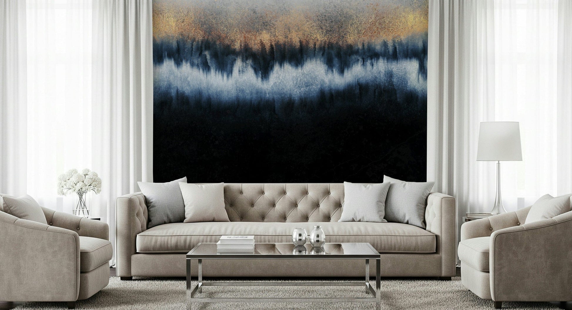 An artistic soft focus mural on luxury wallpaper.