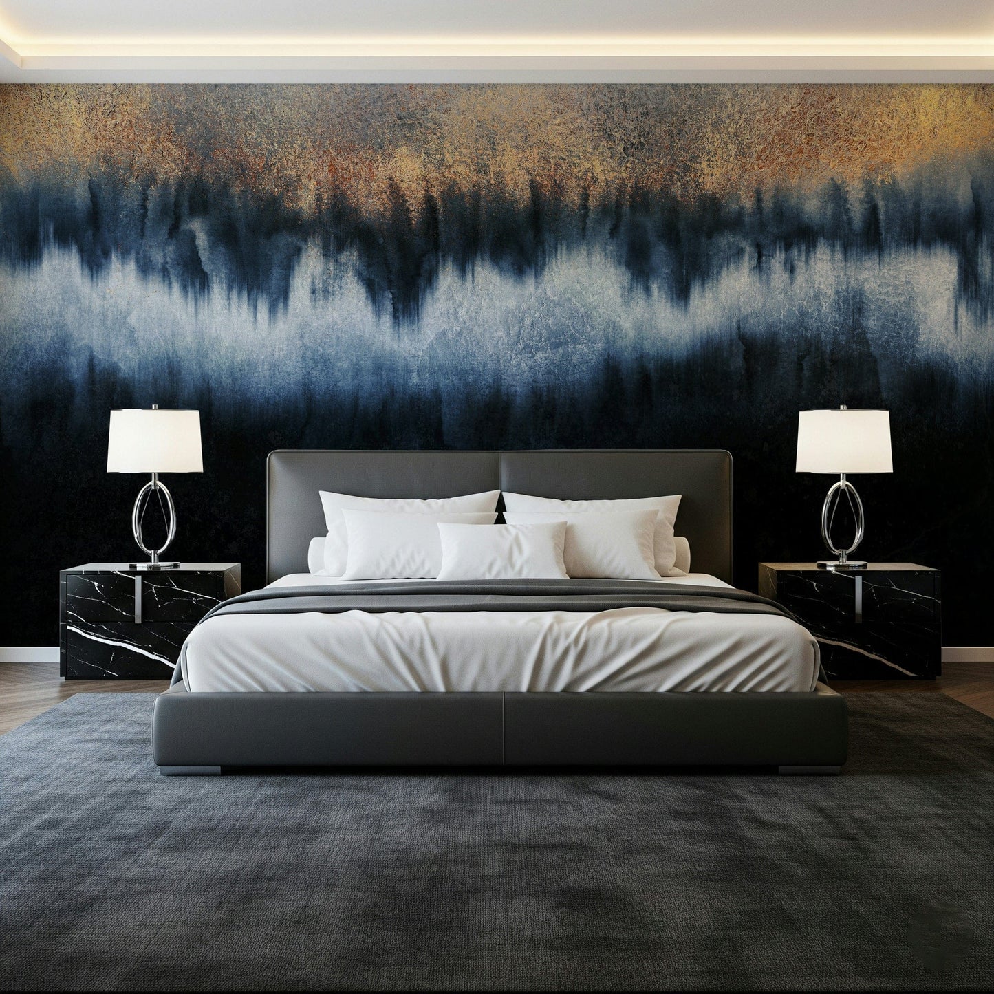 A serene flowing design wall mural with gilded details.