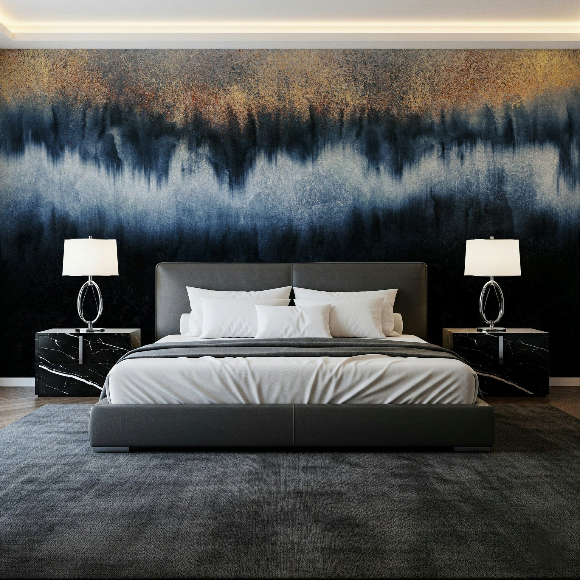 A serene flowing design wall mural with gilded details.