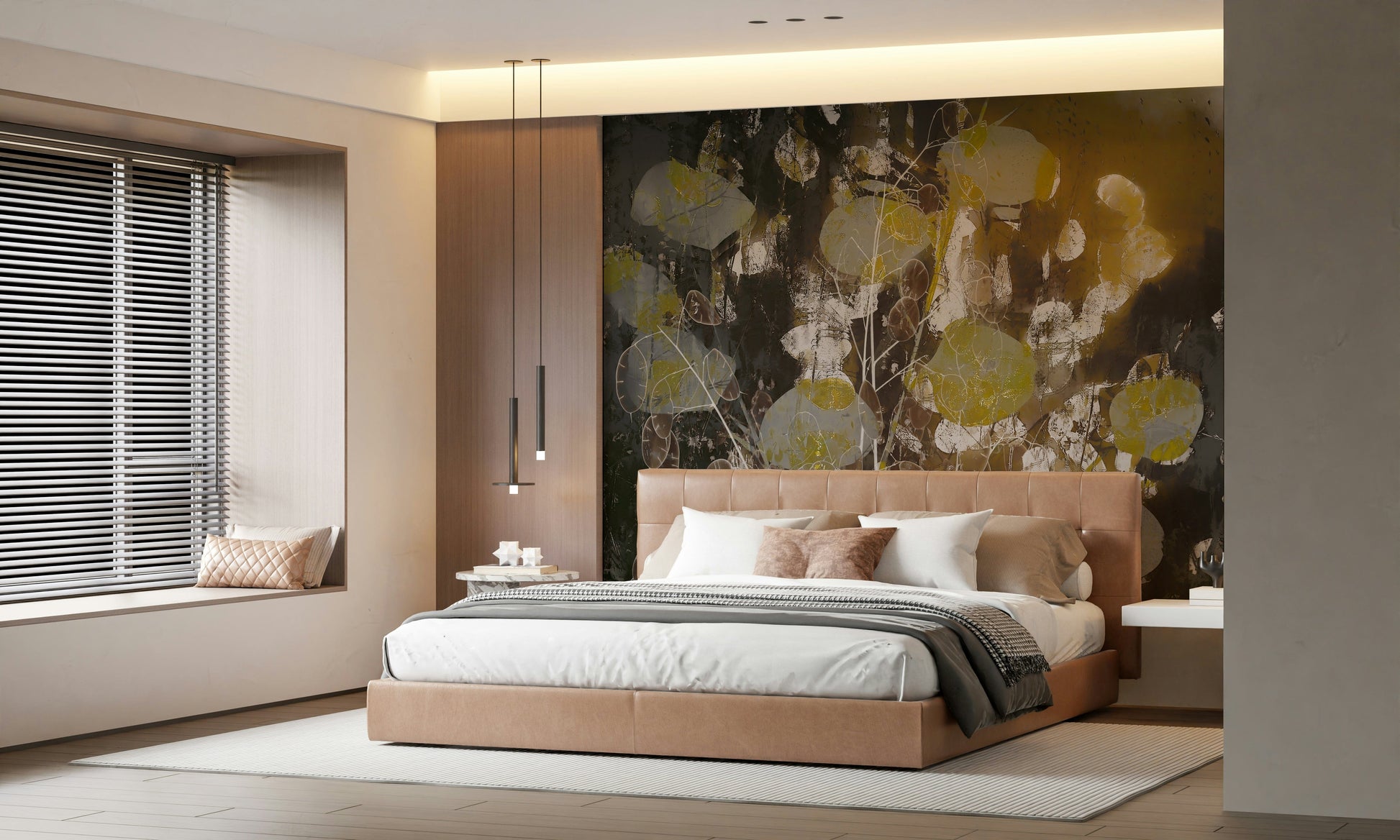 A contemplative golden leaf wallpaper mural for a feature wall.

