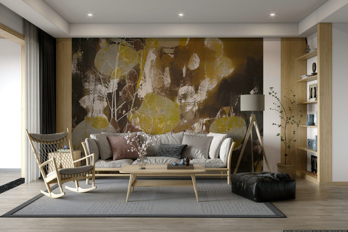 An artistic elegant flower mural on minimalist wallpaper.


