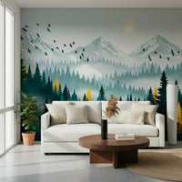 Woodland wall mural in entryway, gilded trees and layered forest depth, modern interior accent