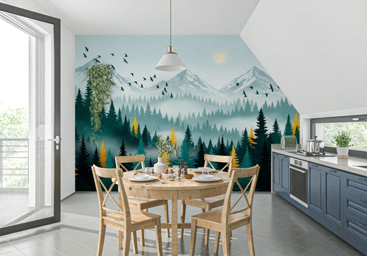 Gilded forest wall mural in modern living room, gold and deep green trees, feature wall behind sofa
