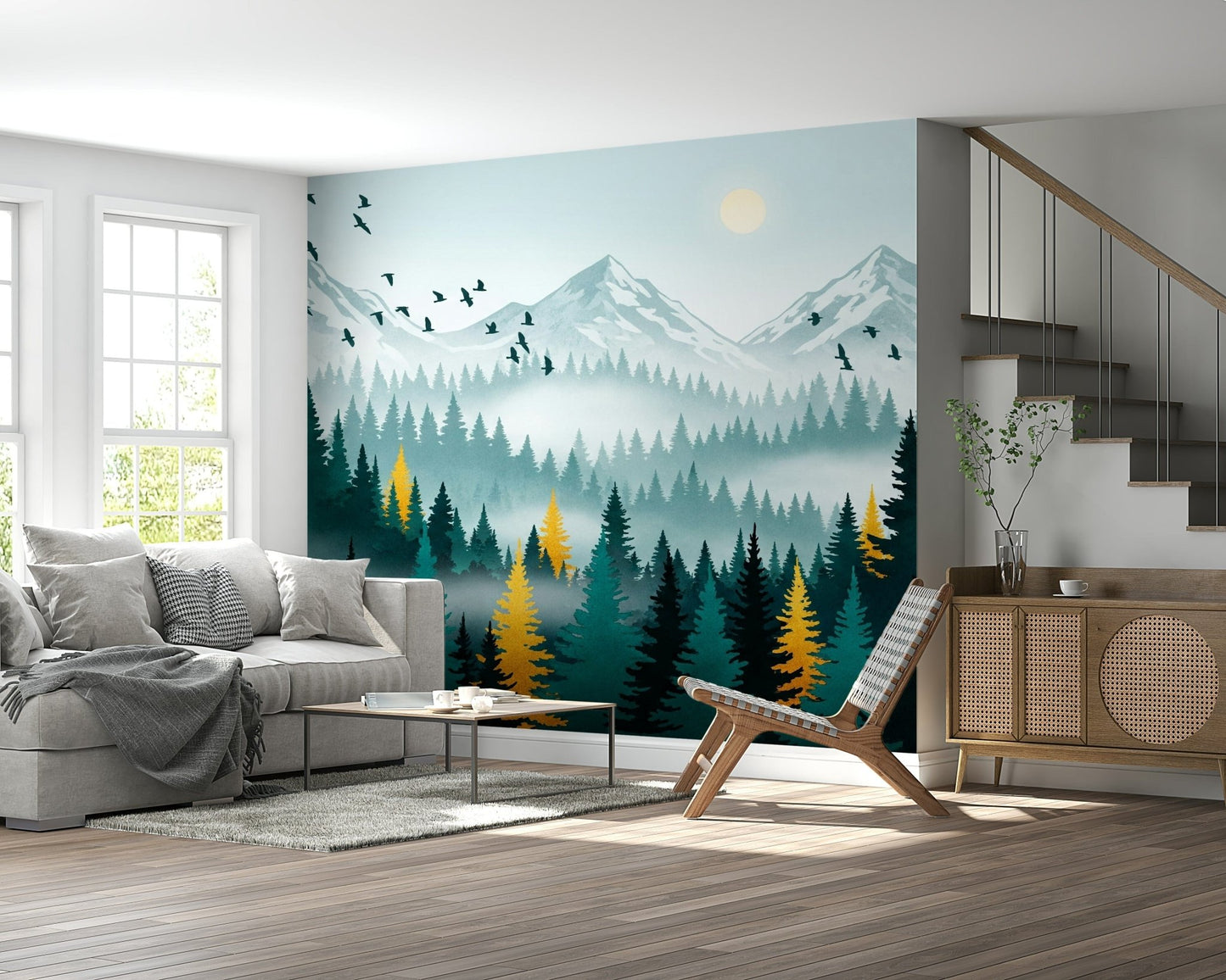 Gilded forest mural behind bed, dark botanical tones with gold highlights, feature wall