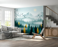Gilded forest mural behind bed, dark botanical tones with gold highlights, feature wall