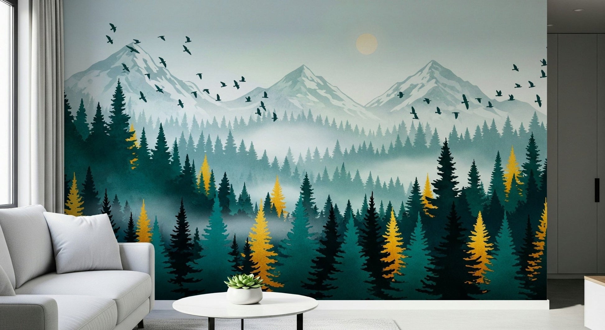 Gold and green forest mural in apartment dining area, moody woodland scene, statement wall