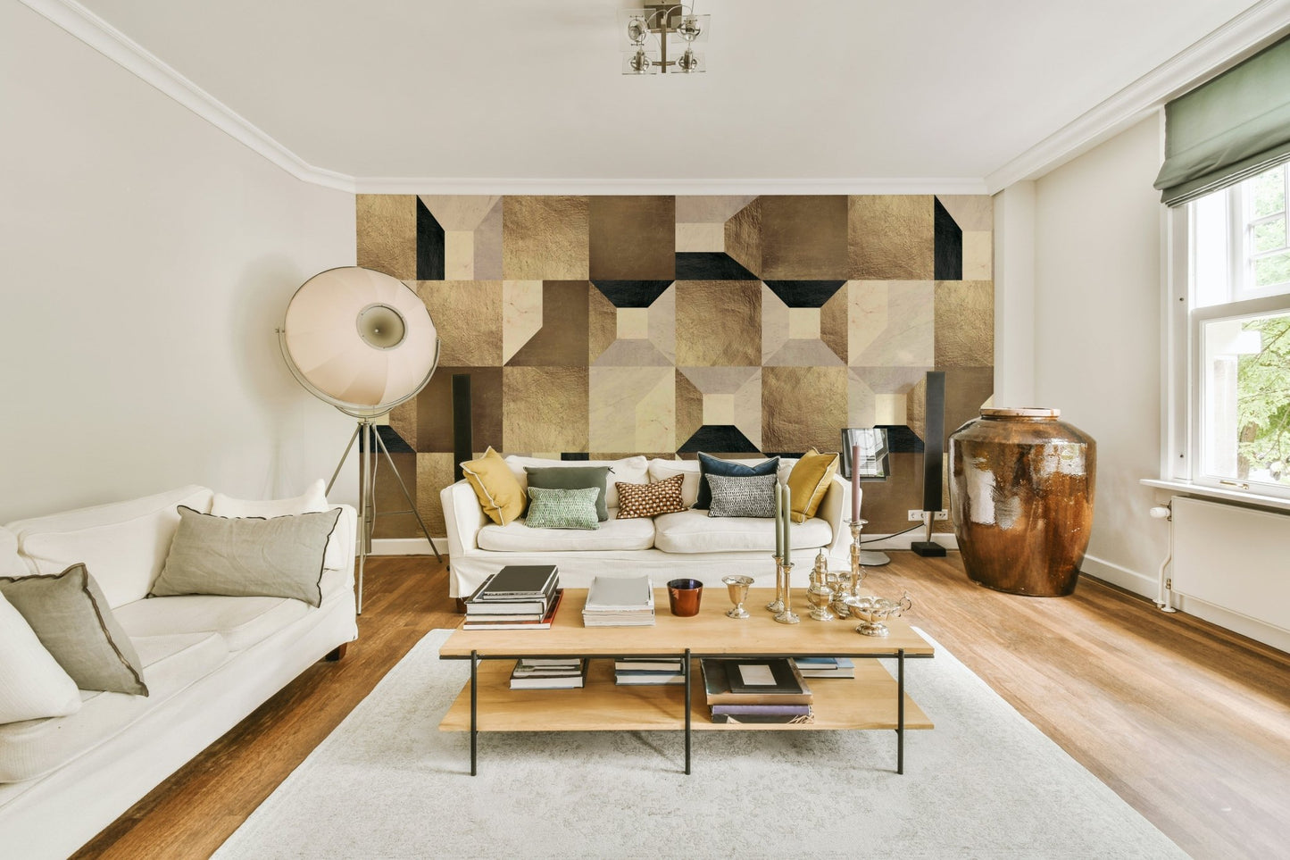 The wallpaper is applied seamlessly, giving the wall a uniform, high-end look.

