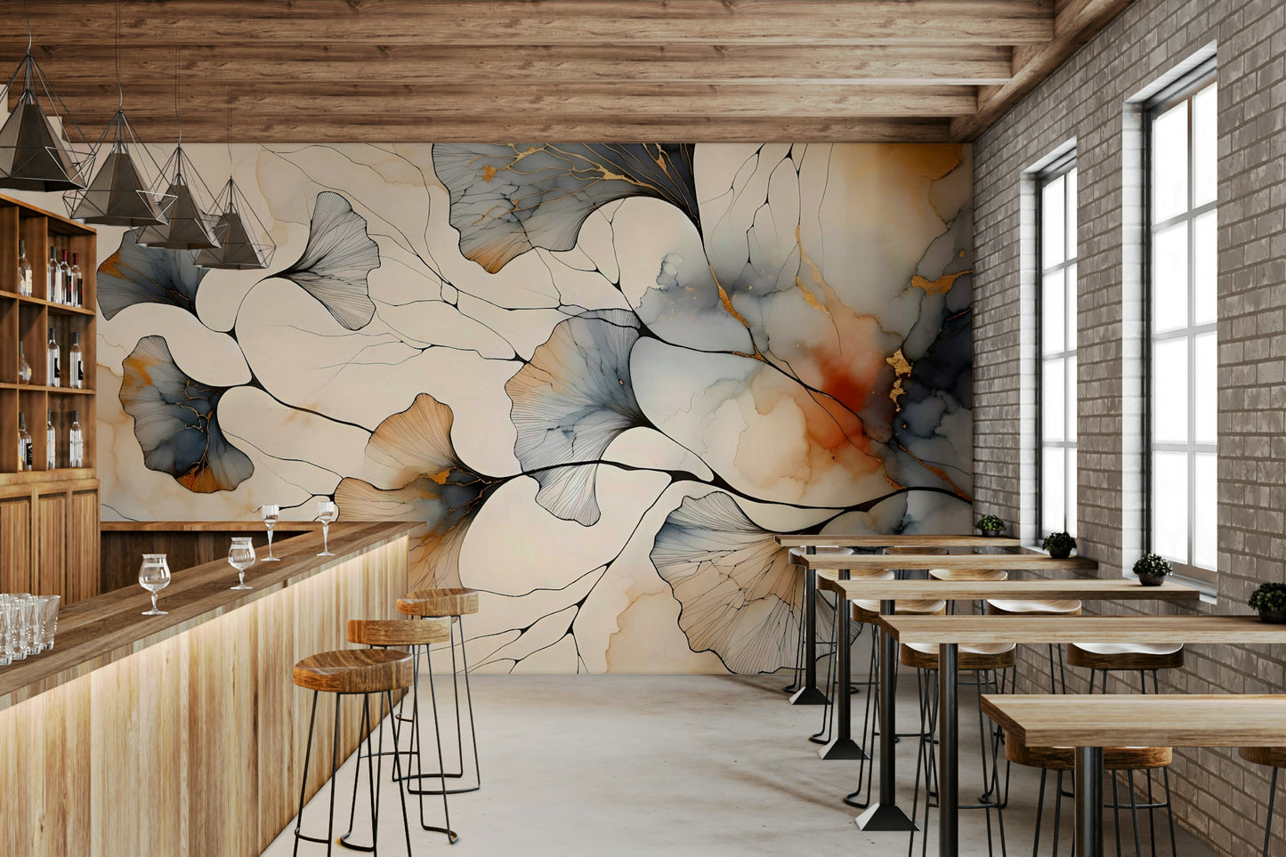 Gilded Ginkgo Elegance Wall Mural in a modern living room with gold accents.