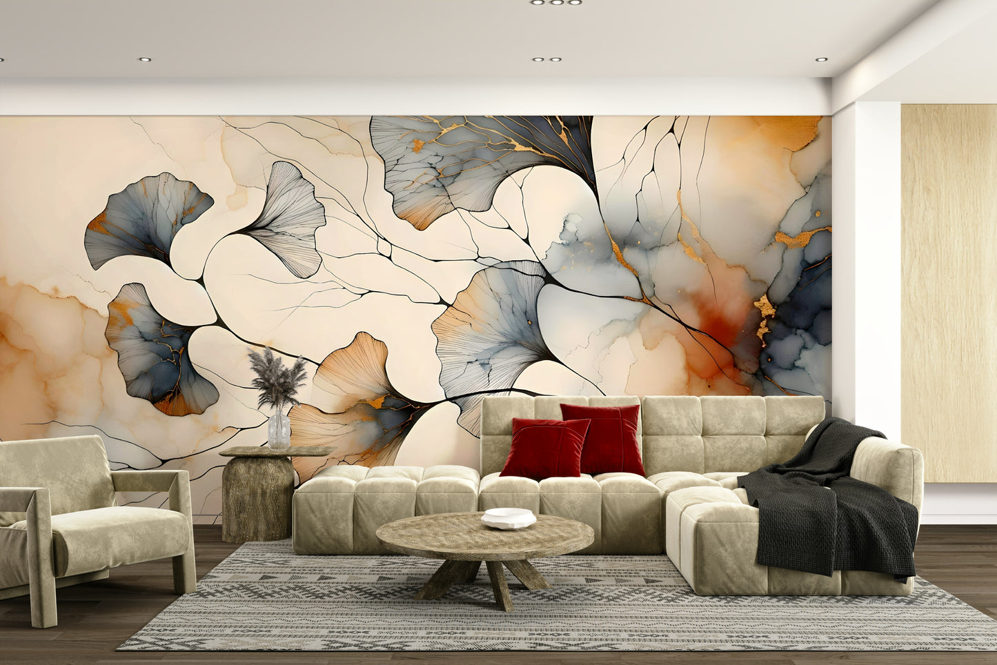 Elegant feature wall in a master suite showing gilded ginkgo branches.