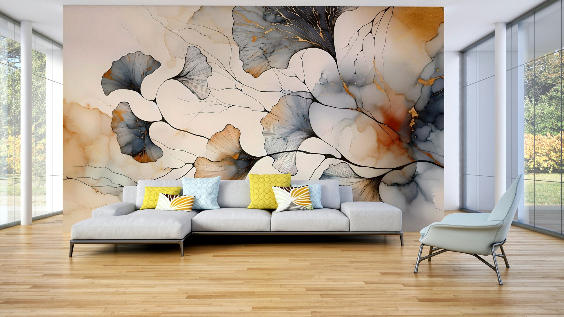 Minimalist apartment wall decor with a high-contrast gold and dark palette.