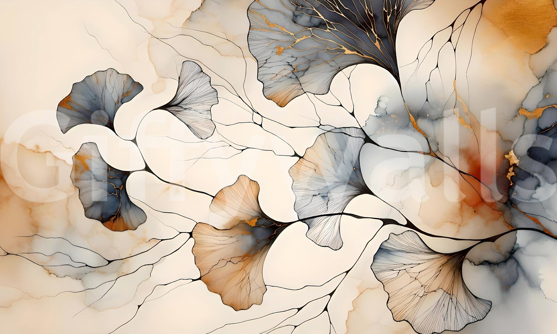 Art deco inspired ginkgo leaf wallpaper for a modern lounge or den.