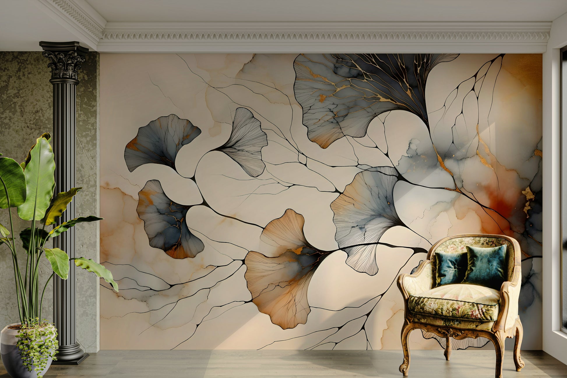 Modern bedroom wall decor featuring shimmering gilded botanical leaves.