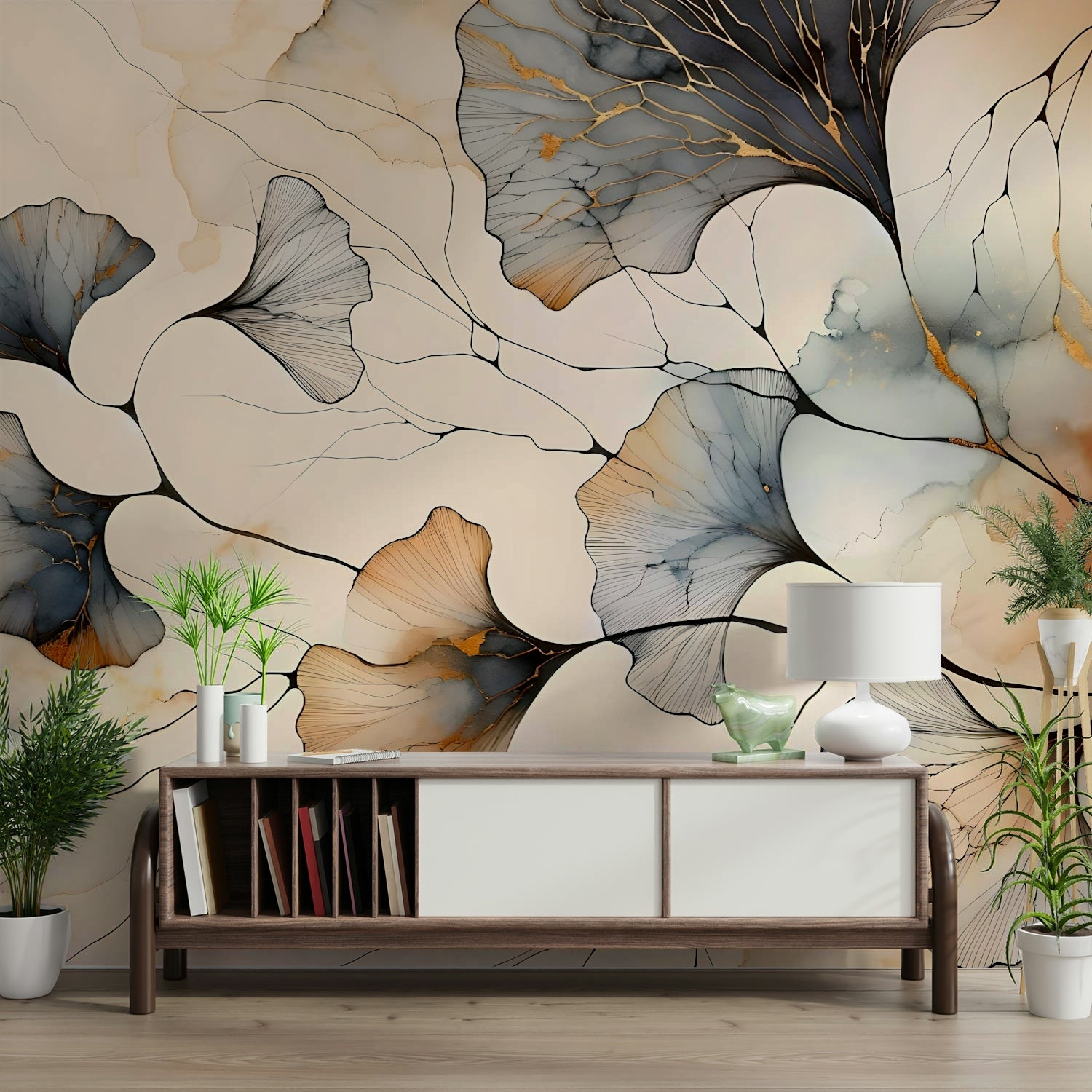 Gilded Ginkgo Elegance Wall Mural in a bright, upscale hallway setting.