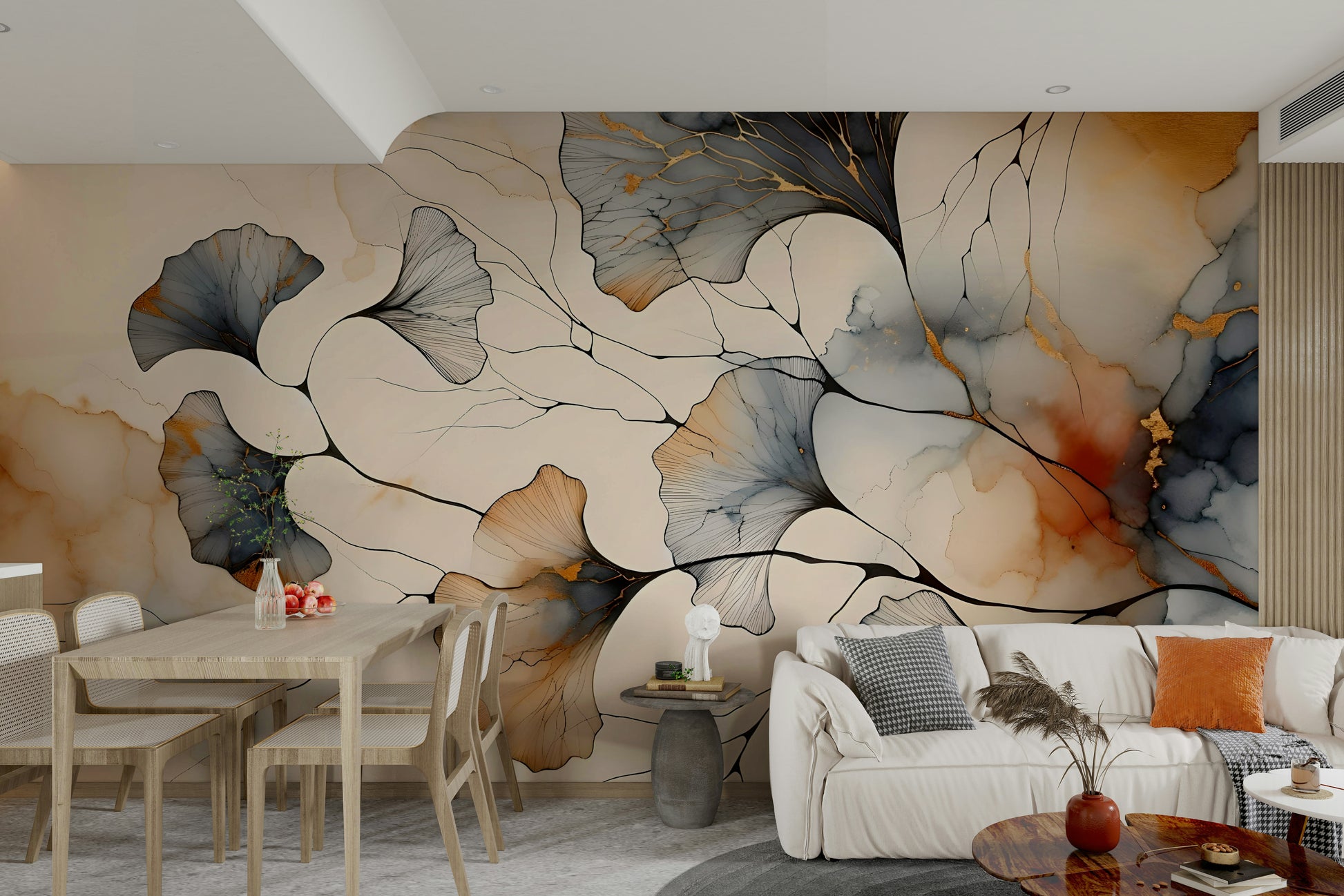Detailed view of the veins and textures on a golden ginkgo leaf mural.
