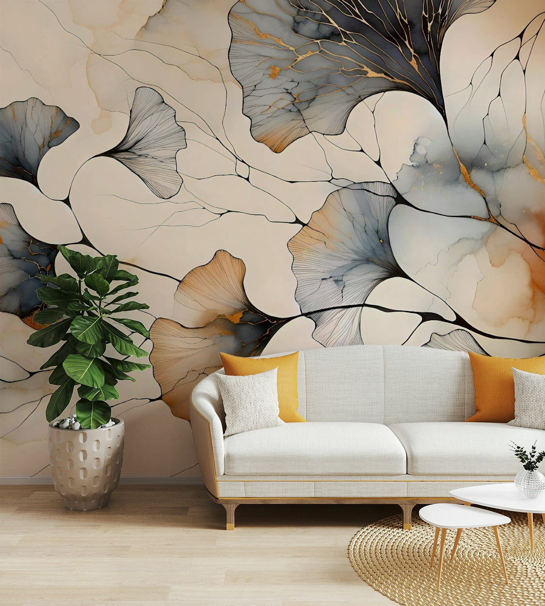 Close-up of the intricate gold color and line art on a ginkgo mural.