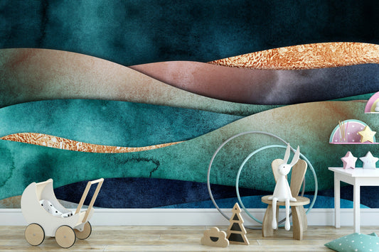 Wall mural with a gilded horizon pattern.

