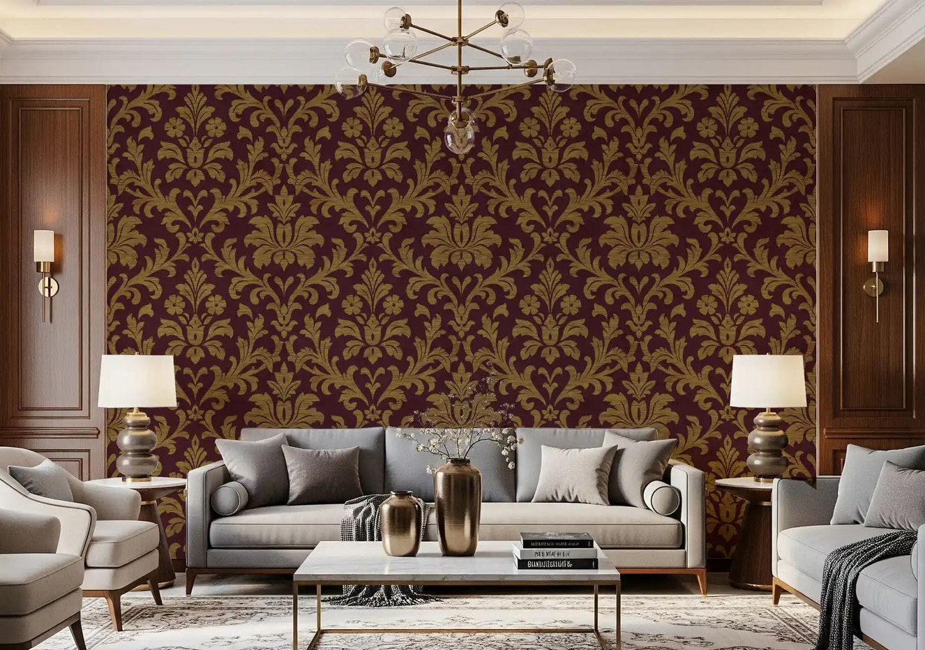 Gilded Leaves Wallpaper with rich burgundy and metallic gold damask living room patterns.