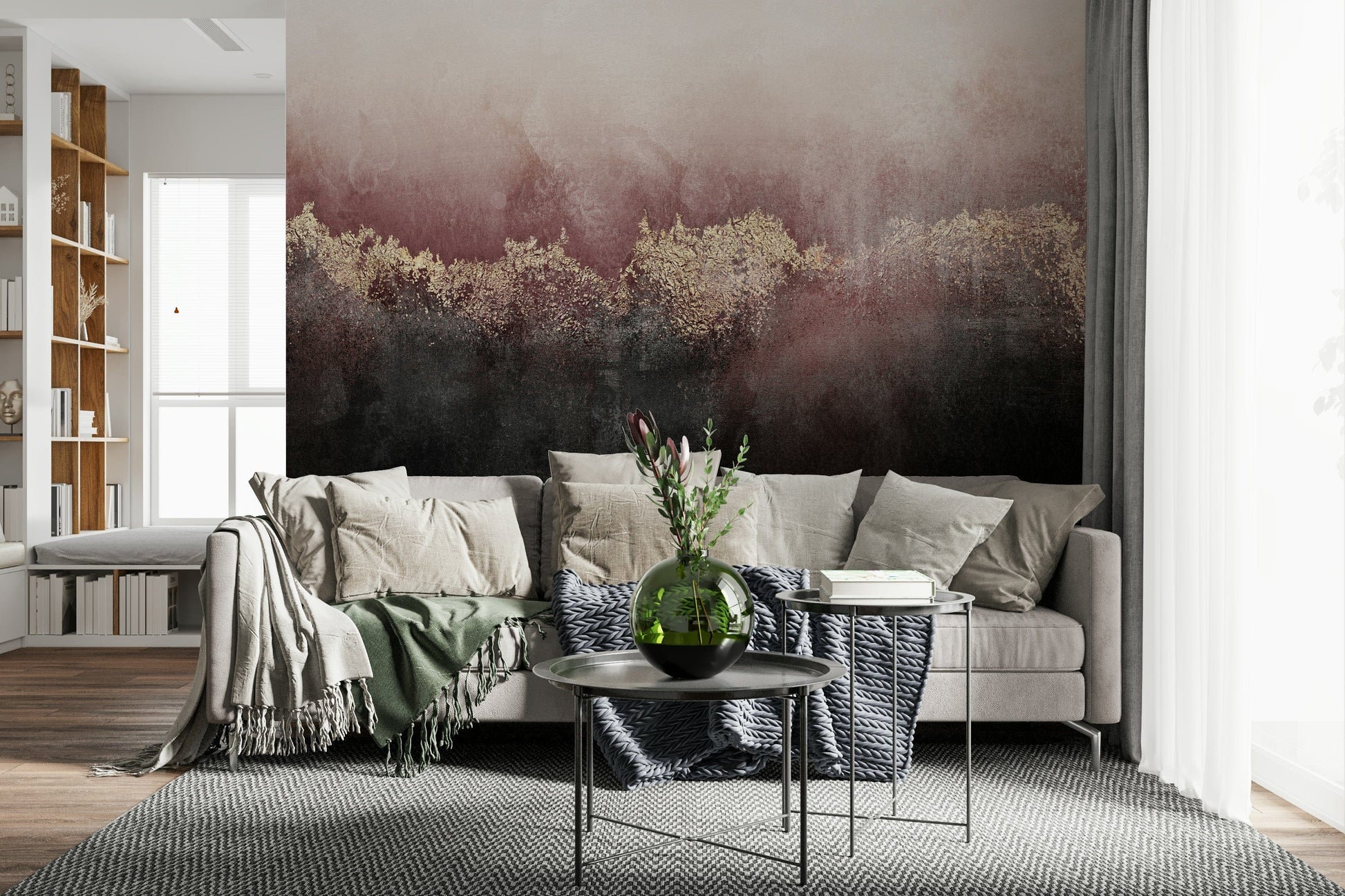 A graceful subtle flower wall mural in rich, lavish tones.