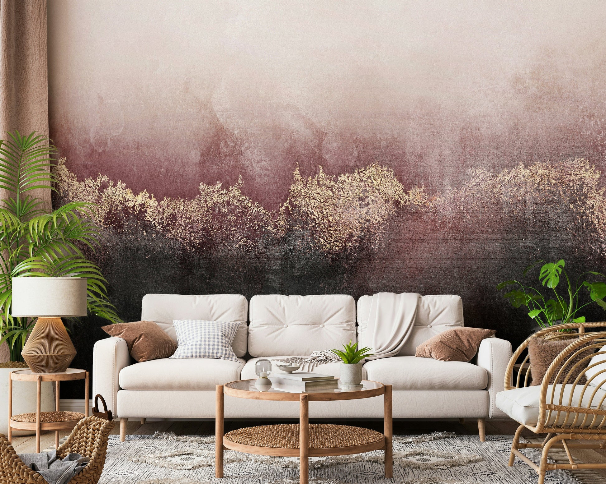 An artistic delicate bloom mural on luxury wallpaper.