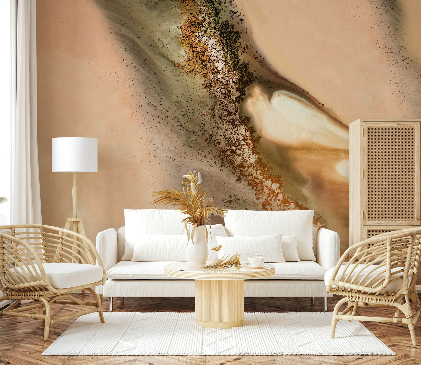 A peaceful modern abstract mural on decorative wallpaper.