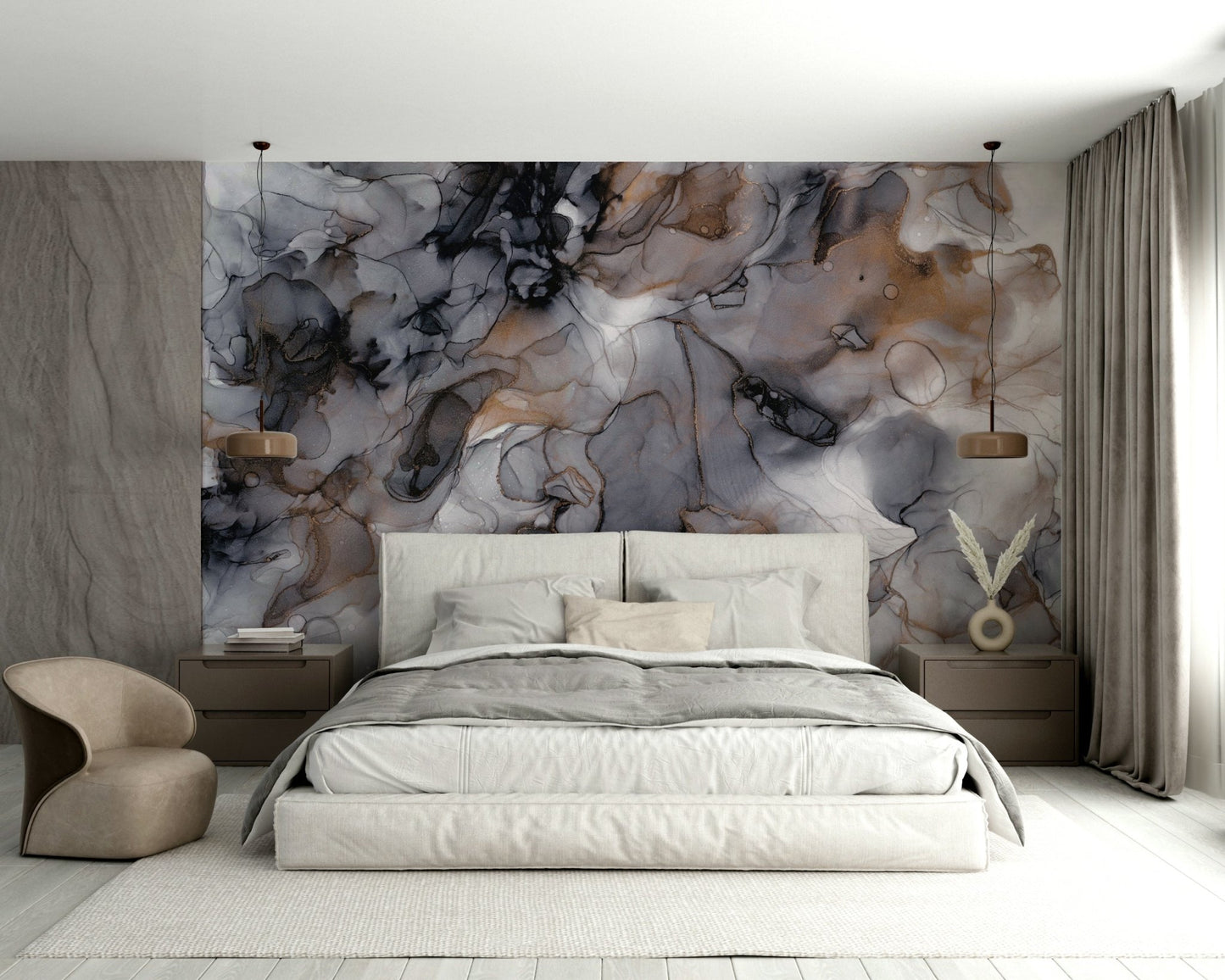 Close-up of dramatic Gilded Smoke mural design

